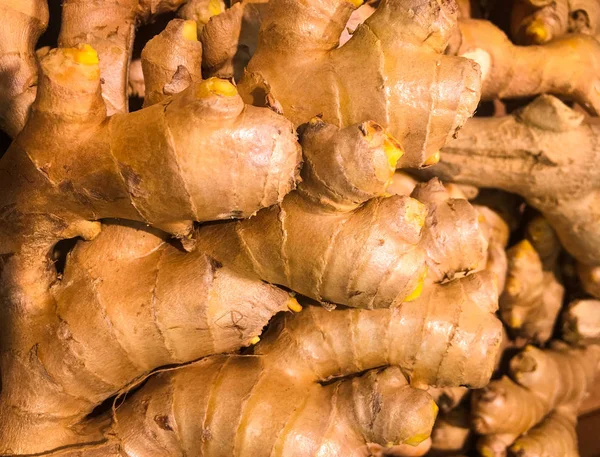 El jengibre orgánico fresco destaca entre muchos jengibre de fondo grande en el mercado. Montón de raíz de jengibre. Textura de jengibre de cerca . — Foto de Stock