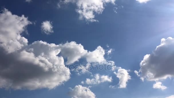 Beyaz bulutlar güneşin altında mavi gökyüzü üzerinde kaybolur. Hızlandırılmış hareket bulutlar mavi gökyüzü arka plan — Stok video