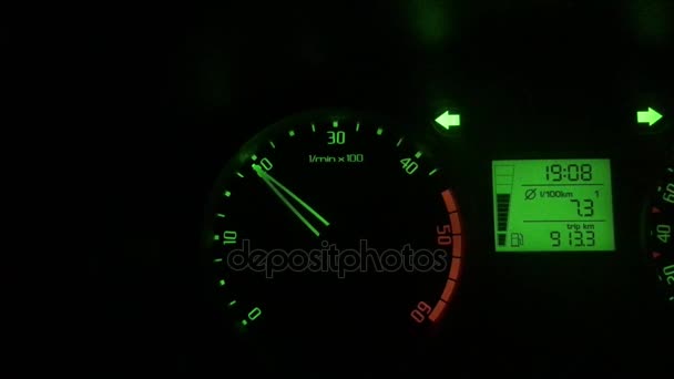 High speed emergency lights. Speedometer, tachometer sports car. Cyclometer. Car instrument panel, showing rpm and high speed acceleration. Speedometer, cyclometer, tachometer sports car. 4K — Stock Video