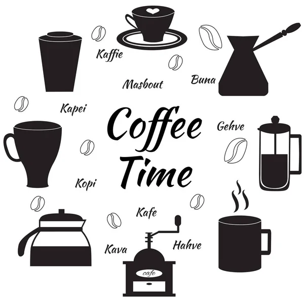 Set de café dibujado a mano. Hora del café. Ilustración vectorial . — Archivo Imágenes Vectoriales