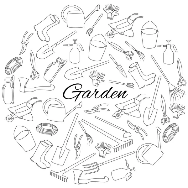 Objetos redondos dibujados a mano de herramientas y accesorios de jardín — Vector de stock
