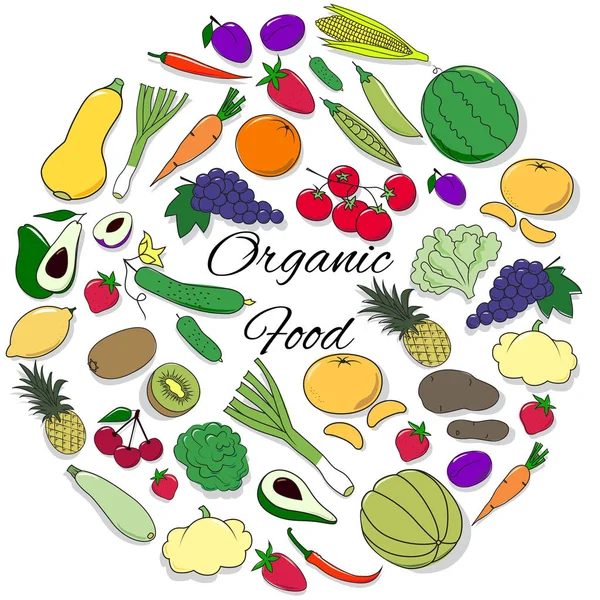 Set dessiné à la main avec fruits, légumes et baies — Image vectorielle
