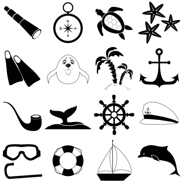 Verano mar viaje doodle iconos conjunto. Artículos negros aislados sobre fondo blanco — Vector de stock