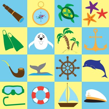 Yaz deniz seyahat doodle in küme. Renk arka plan üzerinde izole öğeleri