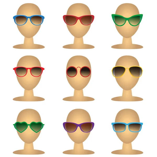 Mannequins bald heads with fashion sunglasses. Vector illustration of eyeglasses isolated objects on white background. — Stock Vector