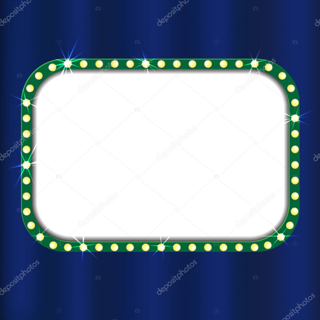 Theater sign on blue curtain. Vector illustration