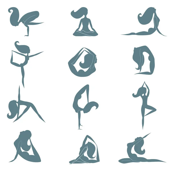Yoga-Vektorset mit verschiedenen Yoga-Asanas — Stockvektor