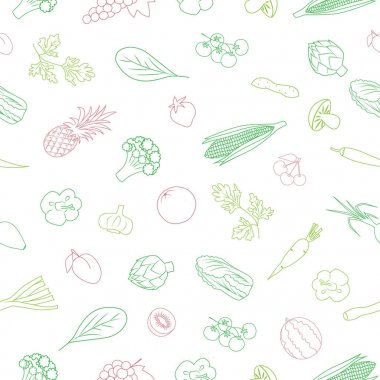Elle çizilmiş Seamless Modeli taze sebze, meyve ve çilek ile.