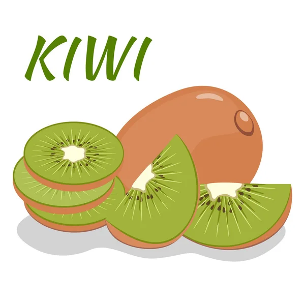 Kiwi. Frutta intera, pezzi e fette su fondo bianco . — Vettoriale Stock