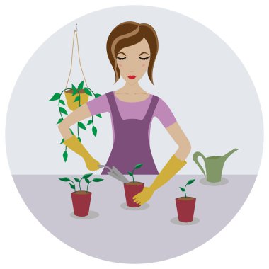 Küçük bitkiler dikim kadın. Vektör çizim tarzı çizilmiş ile.