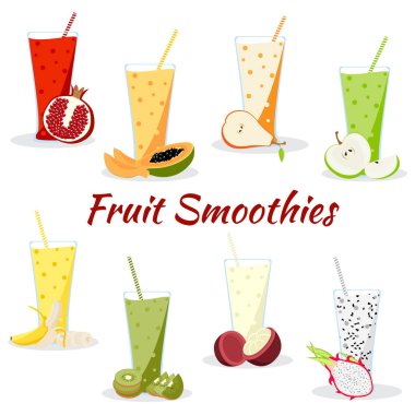 Çizgi film smoothies ayarlayın. Beyaz arka plan üzerinde izole cam meyve smoothies
