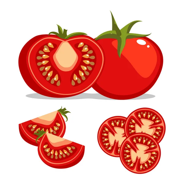 Ensemble de tomates isolées sur fond. Illustration de dessin animé. Entier, tranché, quart et demi de tomate . Graphismes Vectoriels