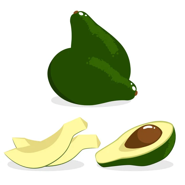 Aguacate entero, medio y rodajas sobre fondo blanco. Ilustración vectorial — Vector de stock