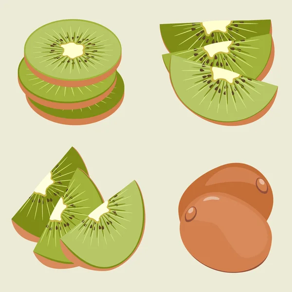 Kiwi Set. Fruits entiers, morceaux et tranches . Illustration De Stock
