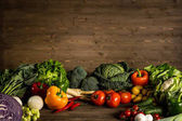 Картина, постер, плакат, фотообои "bio healthy food. various of vegetables on wood. bio healthy food, herbs and spices. organic vegetables on wood", артикул 147223335