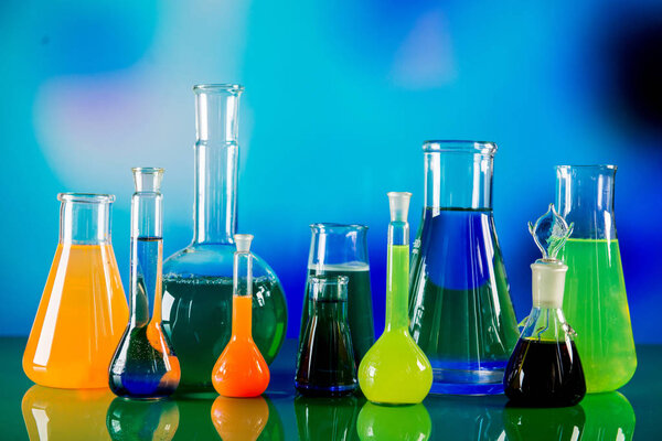 Laboratory equipment, lots of glass filled with colorful liquids
