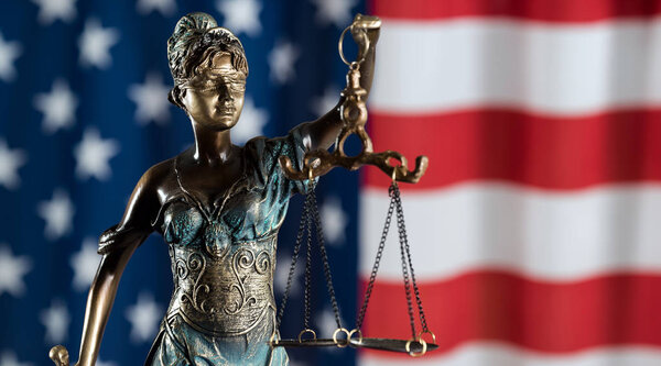 Law and Justice concept. Courtroom theme. USA flag