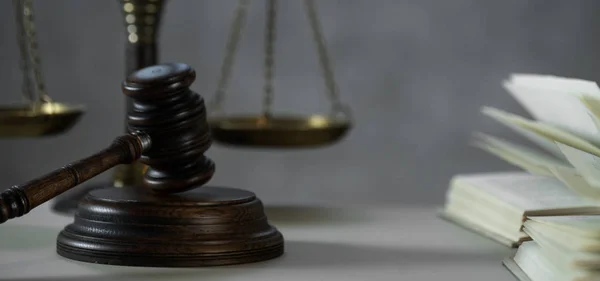Still Life Law Justice Symbols Wooden Table Background — ストック写真