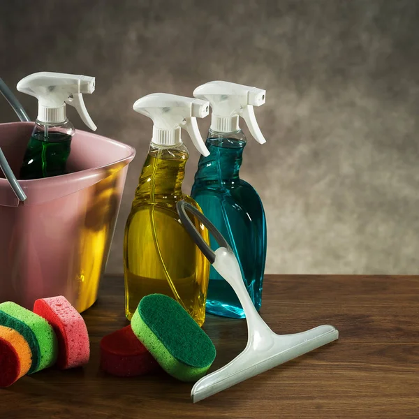 Colourful tools for cleaning. Household cleaning concept. Cleaning kit.