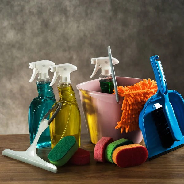 Colourful tools for cleaning. Household cleaning concept. Cleaning kit.