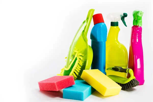 Colourful Tools Cleaning Household Cleaning Concept Cleaning Kit Isolated White — Stock Photo, Image