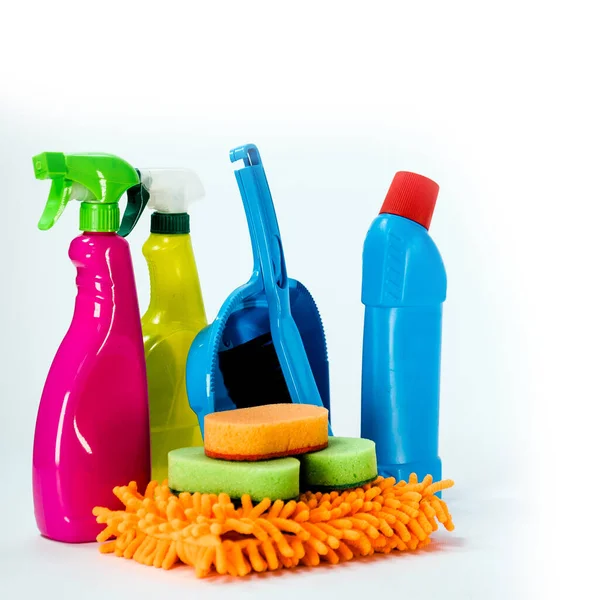 Colourful Tools Cleaning Household Cleaning Concept Cleaning Kit Isolated White — Stock Photo, Image