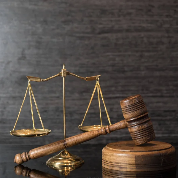 Symbols Law Justice Wooden Table Background — Stock Photo, Image