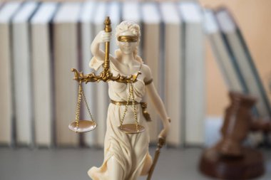 Terazi heykeli ve arkaplan, mahkeme ve hukuk temalı kitaplar