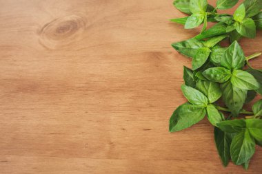 Fesleğen yaprakları ahşap kesme tahtası.