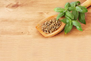 Tahta kaşıkla kişniş ve fesleğen yaprakları.