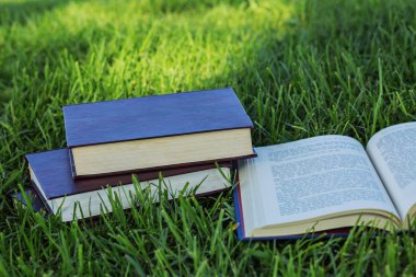 Yığın kitap ile çim açık kitap