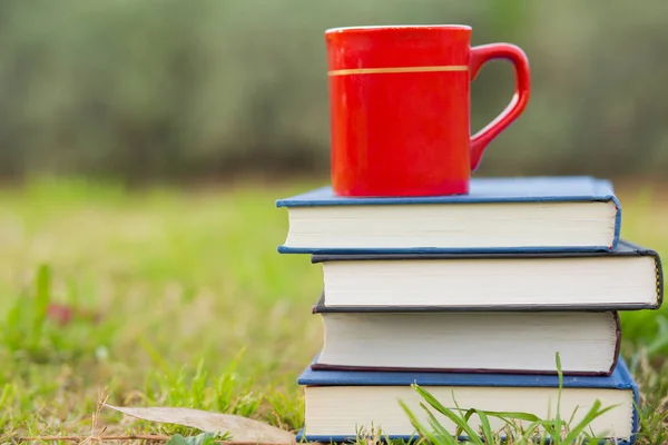 Pile of closed book with cup of coffee