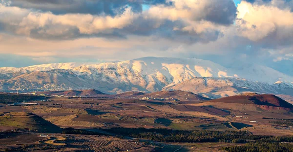 Sneeuw Hermon Berg Met Blauwe Lucht Wolken Landschap Uitzicht Rechtenvrije Stockfoto's