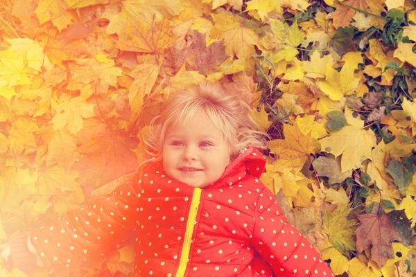 Gadis kecil yang lucu bermain dengan daun musim gugur — Stok Foto