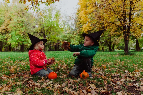 Niños en halloween juego de disfraces en otoño naturaleza —  Fotos de Stock