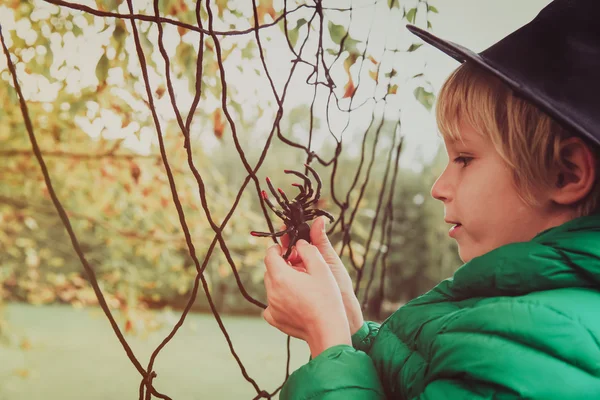 Halloween concepto- menino com aranha e web jogar no outono — Fotografia de Stock