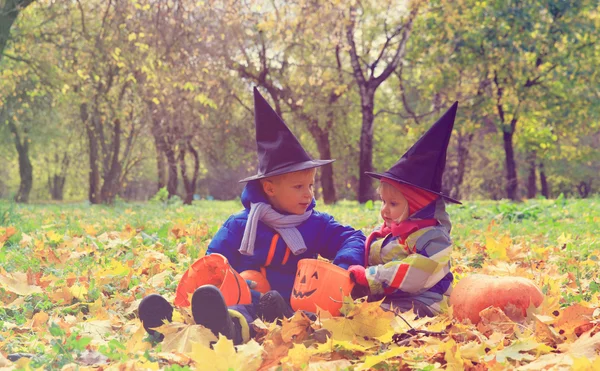 Niños en halloween juego de disfraces en otoño naturaleza —  Fotos de Stock