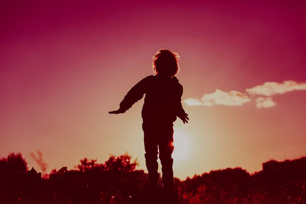 Liten pojke hoppar från joy i solnedgången naturen — Stockfoto