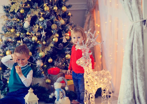 Μικρό αγόρι και κορίτσι διακόσμηση του Χριστουγεννιάτικου δέντρου — Φωτογραφία Αρχείου