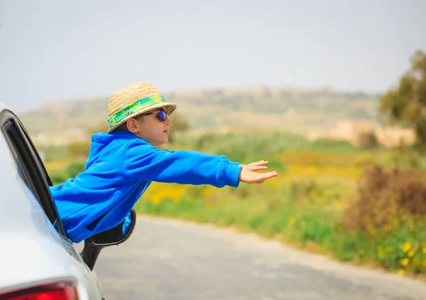 Szczęśliwy chłopiec podróży samochodem w lato natura — Zdjęcie stockowe