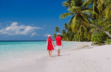 mutlu sevgi dolu çift tropik Sahilde yürüyüş