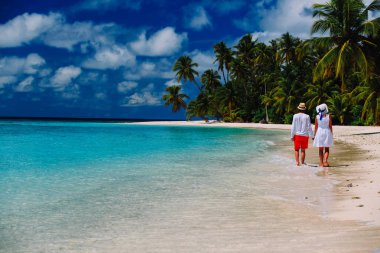 mutlu sevgi dolu çift tropik Sahilde yürüyüş