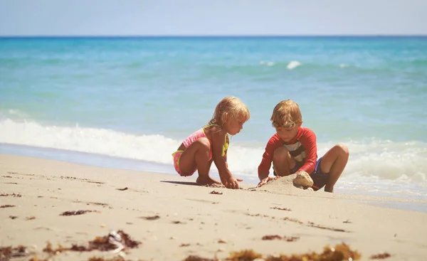 kids play with sand on summer beach