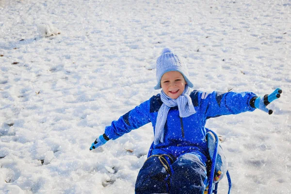 Happy little boy on sledge in winter snow — Stock Photo, Image