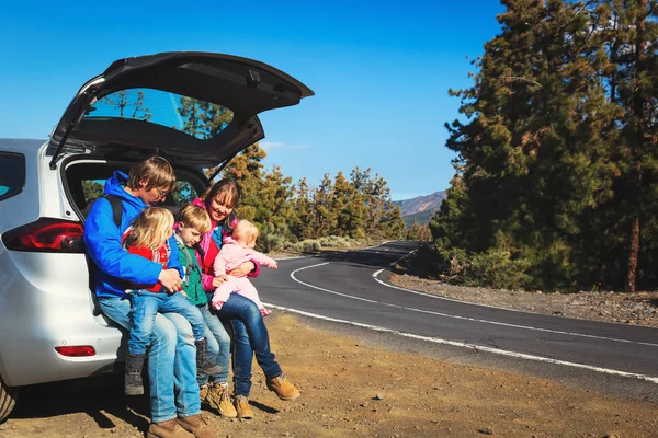 Famiglia felice con albero i bambini viaggiano in auto su strada — Foto Stock