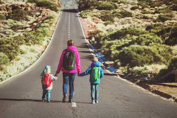 mother with two kids travel on the road, family tourism