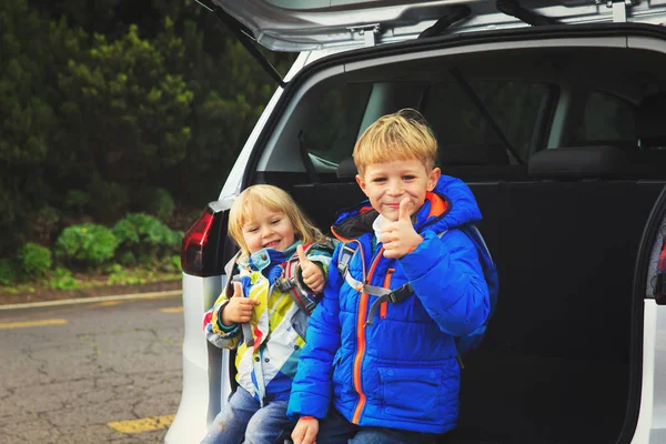 Miłość szczęśliwa dziewczynka chłopiec i maluch podróży samochodem — Zdjęcie stockowe