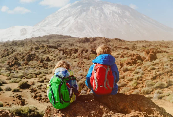 Liten pojke och flicka vandring i bergen — Stockfoto