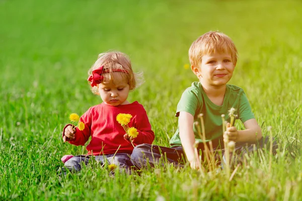 Anak laki-laki dan anak perempuan yang lucu bermain di rumput hijau — Stok Foto