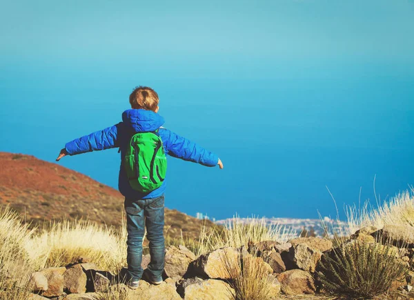 Heureux petit garçon randonnée dans les montagnes — Photo